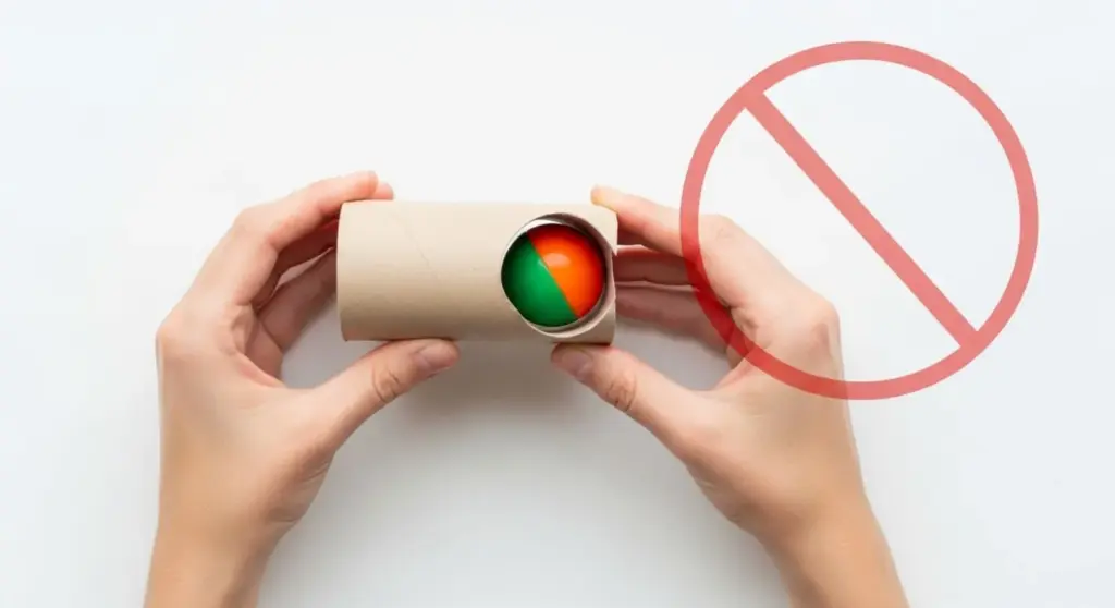 Mom performing toilet paper roll test on a baby toy for choking hazard