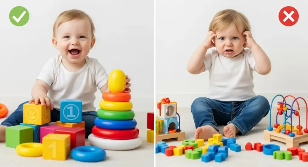 Shelf of toys with age recommendation labels for 1-year-olds