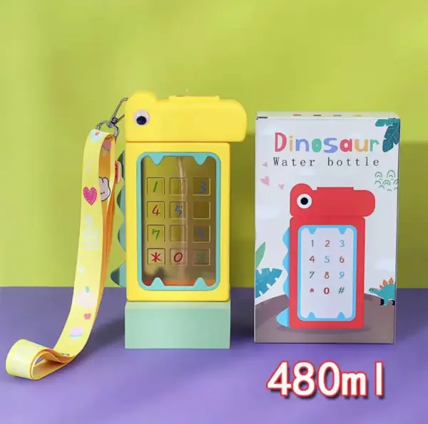Dinosaur Phone Design Water Bottle with Straw & Strap - Image 2