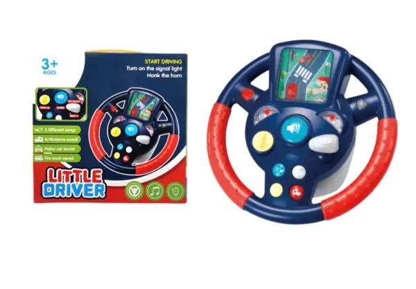 A child's hands on the lime green Little Driver musical steering wheel toy, pressing the light-up horn and sound effect buttons.