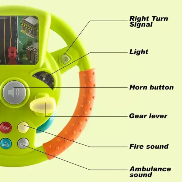 A child's hands on the lime green Little Driver musical steering wheel toy, pressing the light-up horn and sound effect buttons.