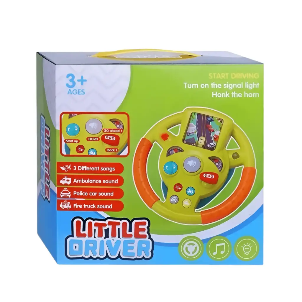 A child's hands on the lime green Little Driver musical steering wheel toy, pressing the light-up horn and sound effect buttons.