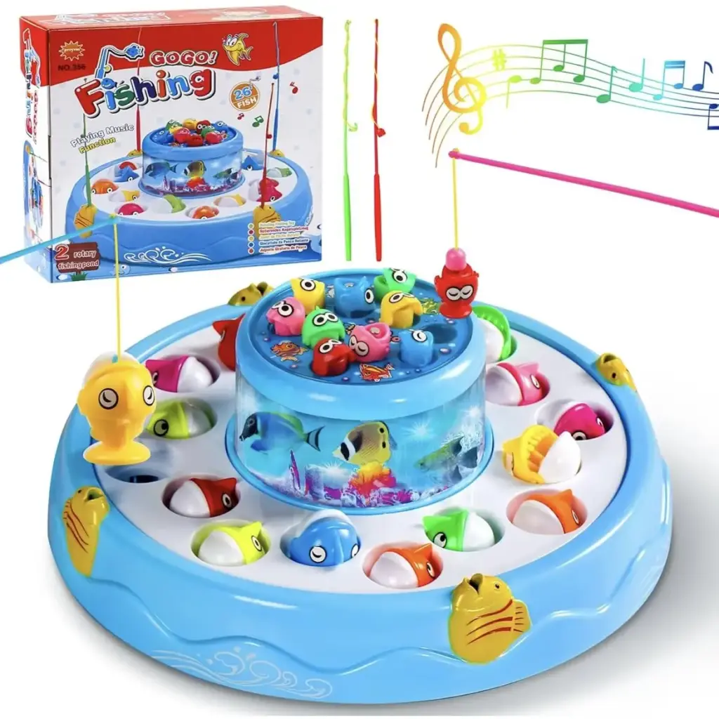 Children playing with the blue GoGo musical rotating fishing game, trying to catch colorful magnetic fish with fishing rods.