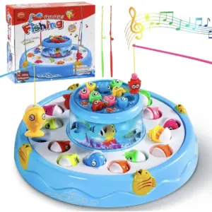 Children playing with the blue GoGo musical rotating fishing game, trying to catch colorful magnetic fish with fishing rods.