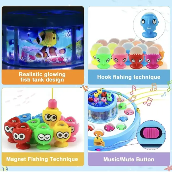 Children playing with the blue GoGo musical rotating fishing game, trying to catch colorful magnetic fish with fishing rods.