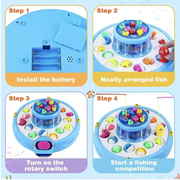 Children playing with the blue GoGo musical rotating fishing game, trying to catch colorful magnetic fish with fishing rods.