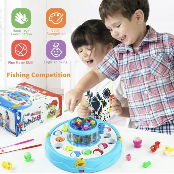 Children playing with the blue GoGo musical rotating fishing game, trying to catch colorful magnetic fish with fishing rods.